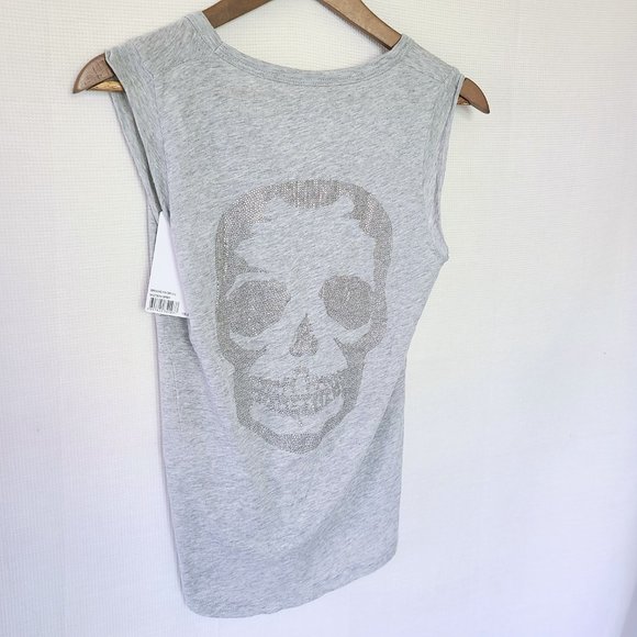 Zadig & Voltaire Tops - Zadig & Voltaire Brooklyn Skull Rhinestone Back Gray V-Neck Sleeveless Tee Small